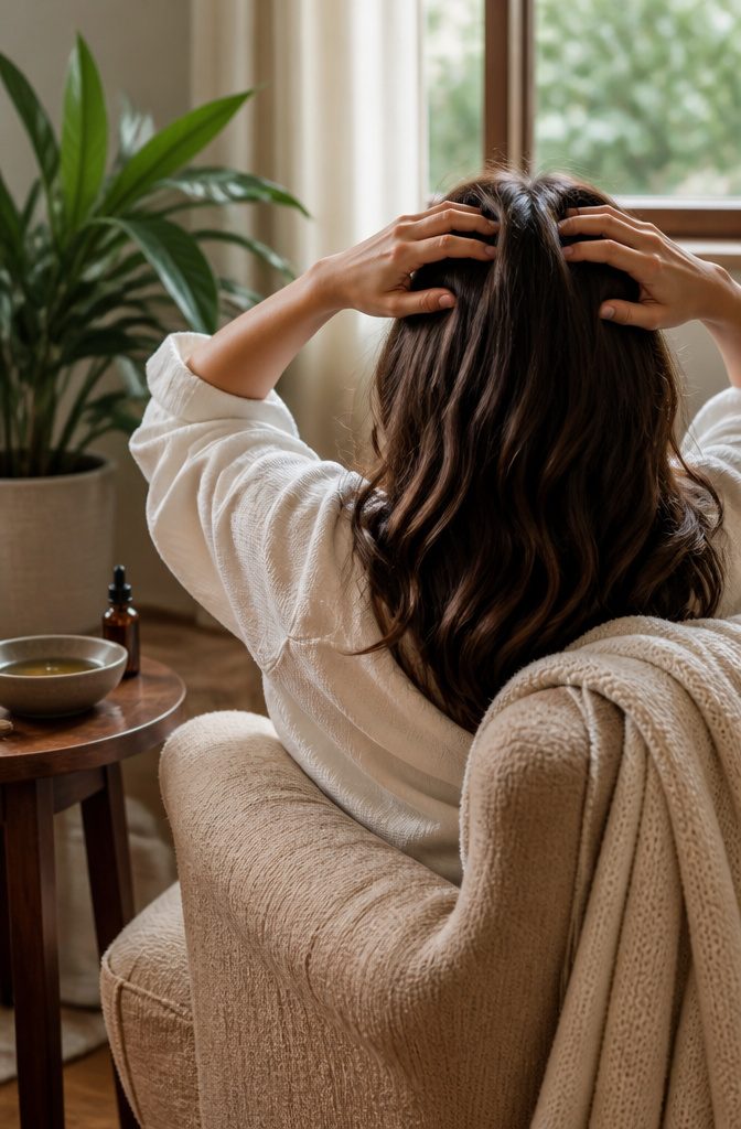 A person using their fingertips to massage their scalp in a chair.