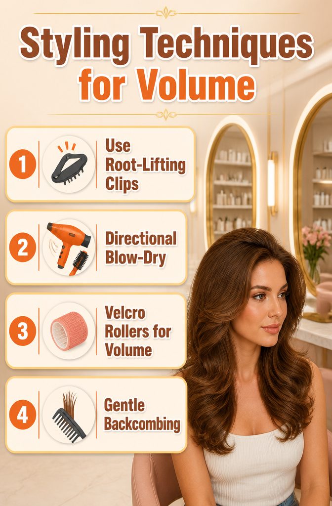 Root-lifting clips and styling tools on a bathroom counter.