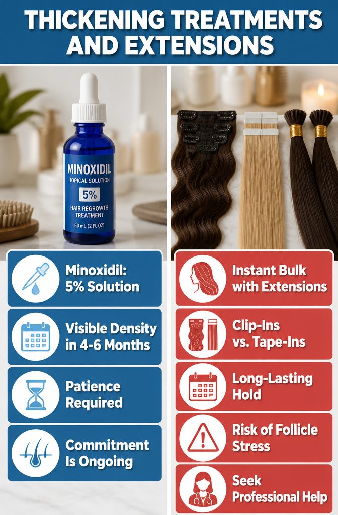 Minoxidil topical solution displayed with hair care products.