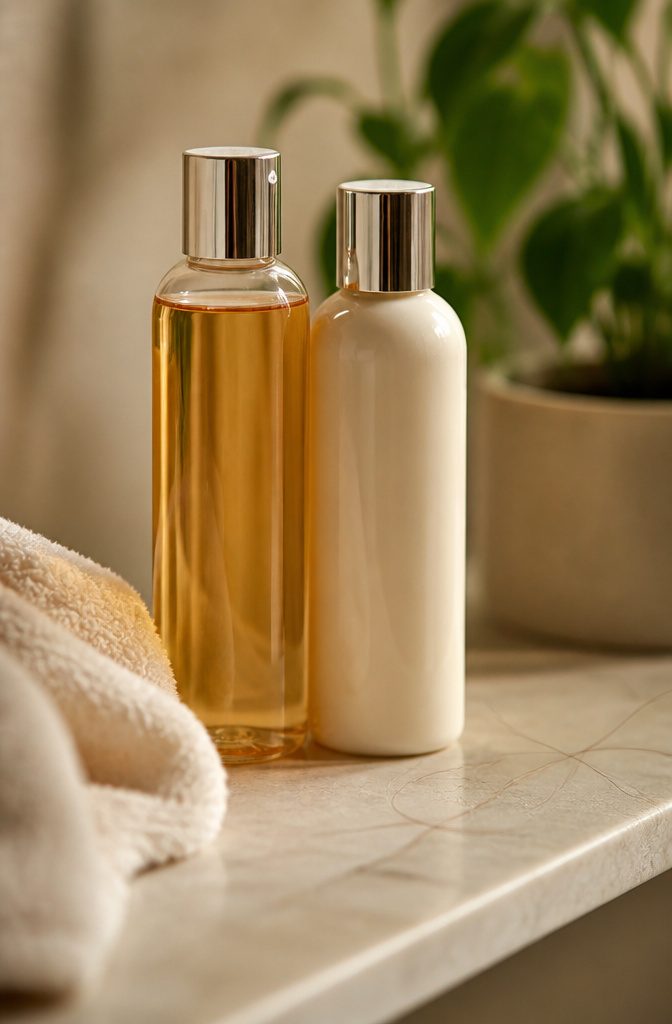 Volumizing shampoo and conditioner bottles on a bathroom shelf.