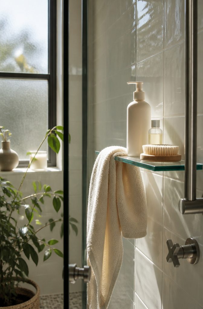 Shampoo bottle and towel in a stylish bathroom.