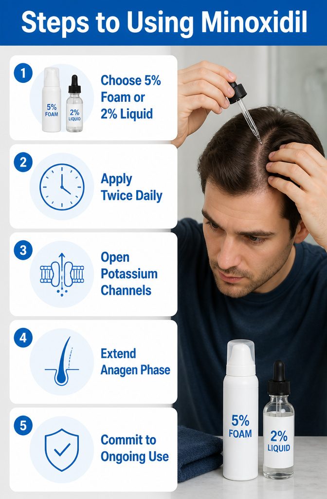 Steps to use minoxidil displayed with hair care items.
