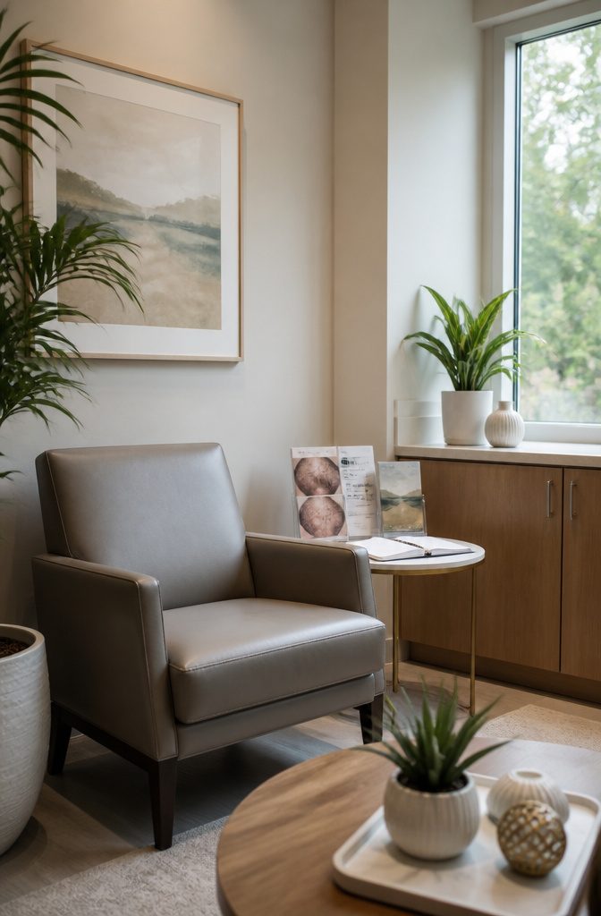 A dermatologist's office waiting room with health pamphlets.