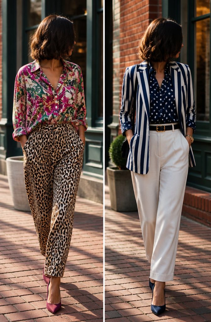 A polka-dot blouse paired with a striped blazer.