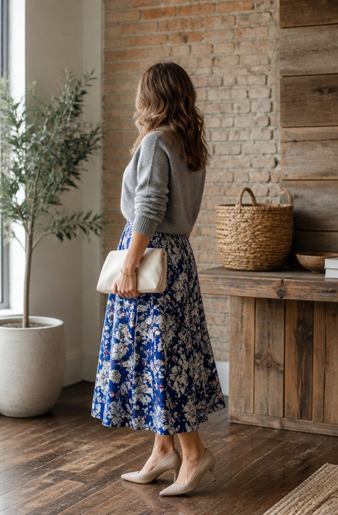 A cobalt floral skirt styled with a gray cashmere crewneck.