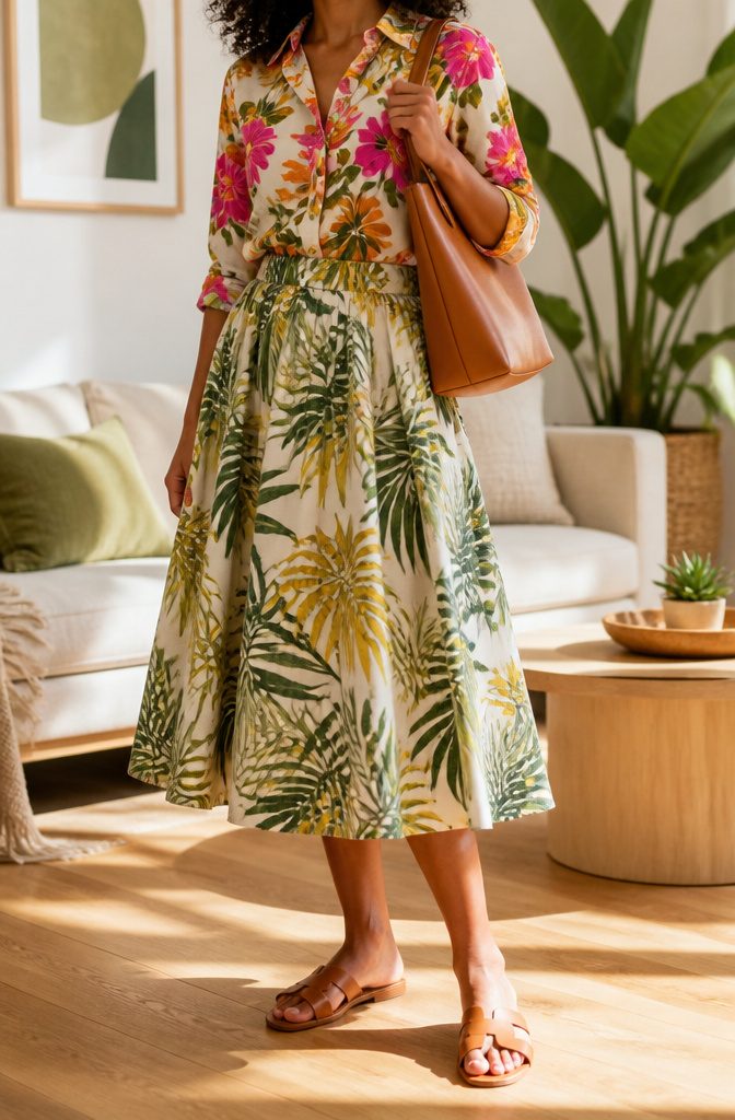 A printed blouse and full skirt styled together.