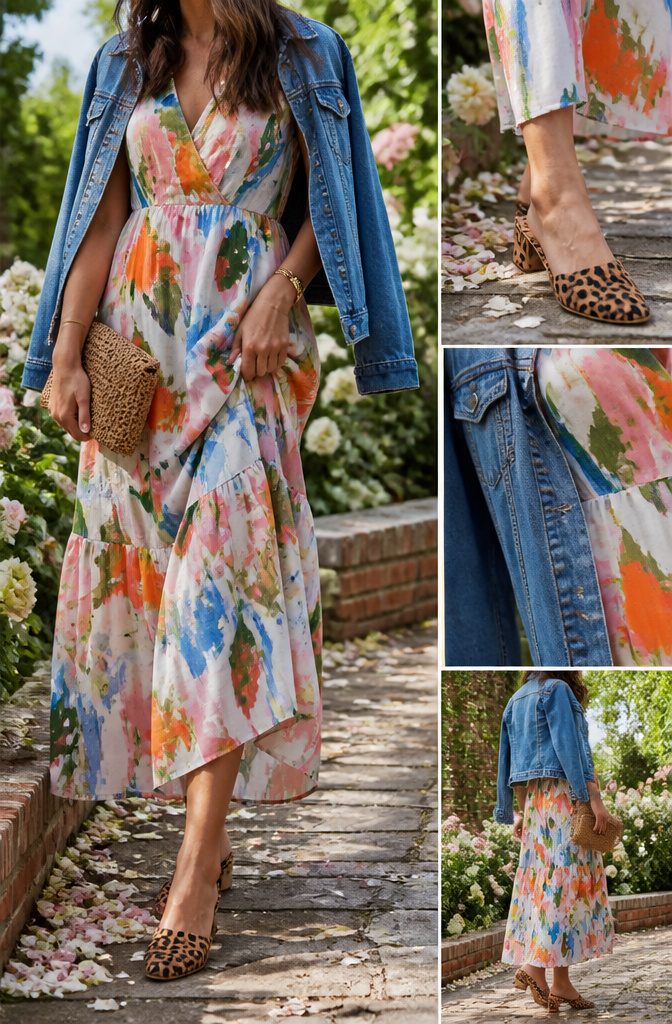 A model wearing a multi-color summer dress with leopard mules.