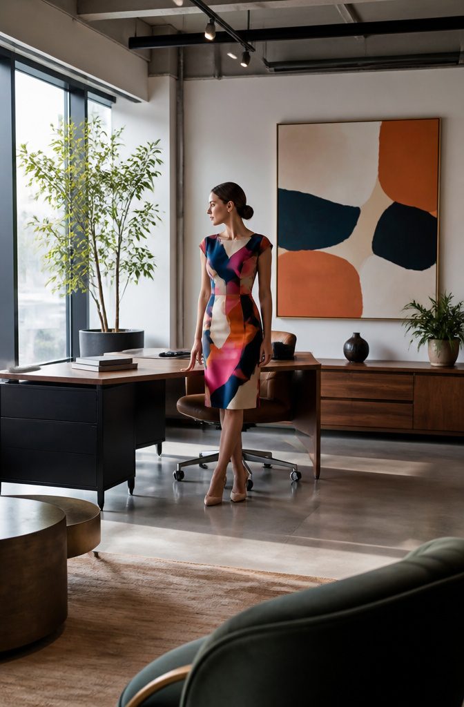 A structured outfit featuring a bold printed piece.