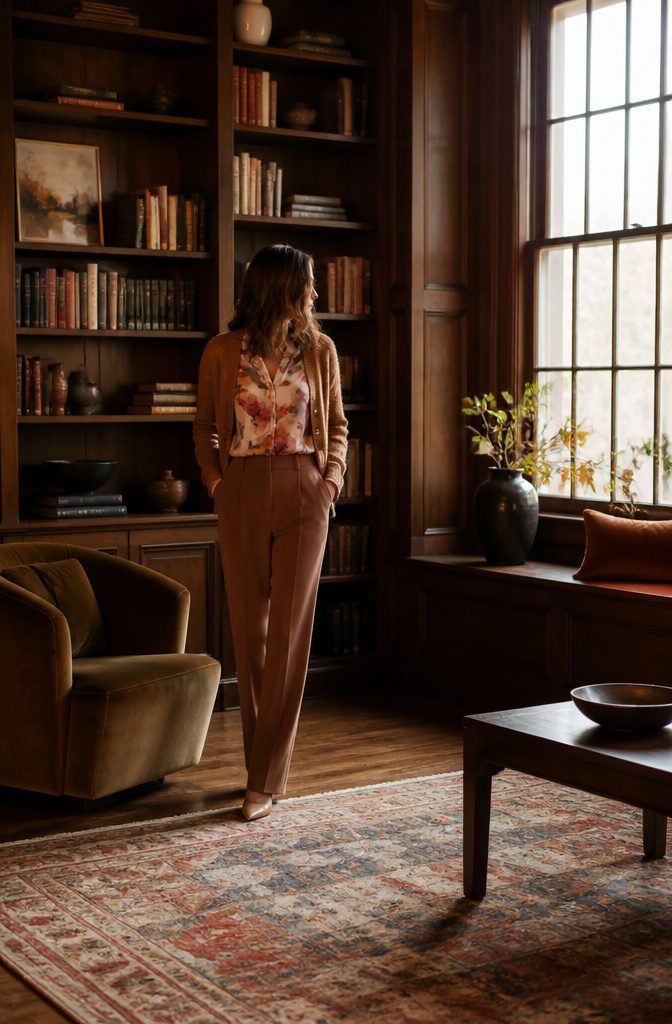 A watercolor peony blouse styled for winter wear.