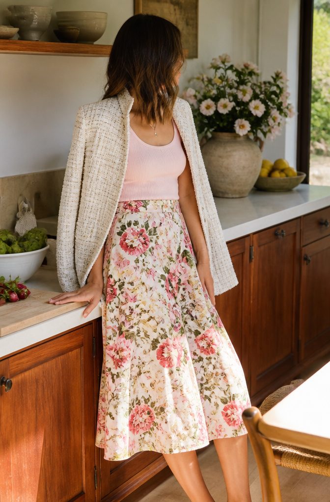 A floral midi skirt paired with a solid ribbed tank top.