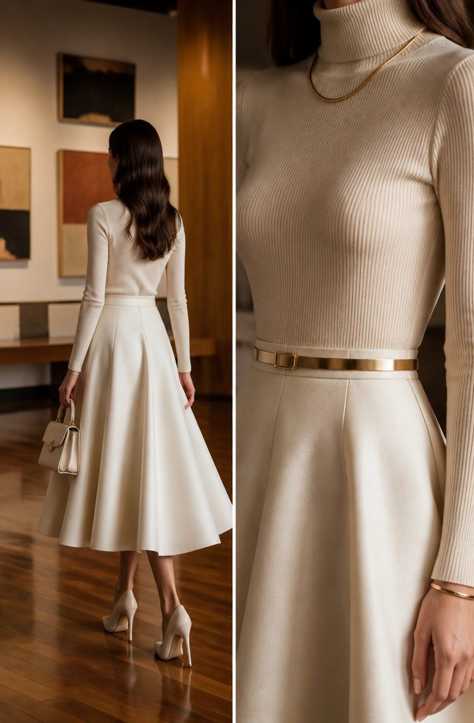 Model in a cream flared skirt paired with a matching turtleneck.