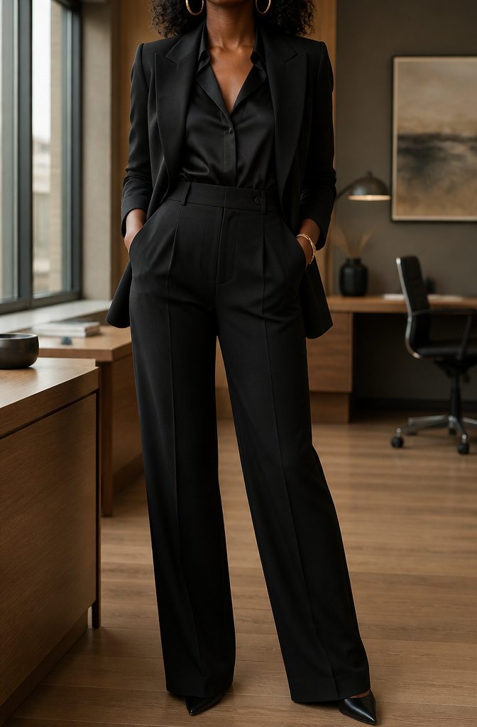 Model wearing a tailored black suit with pointed-toe heels.