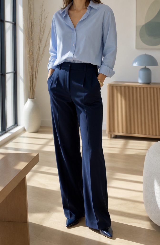 Model wearing a light blue shirt paired with navy trousers.