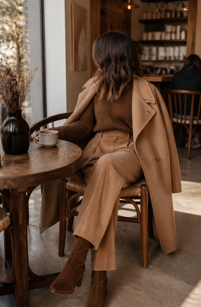 Model in a brown knit sweater and lighter brown high-waisted trousers.