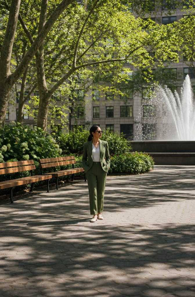 Model wearing a tailored green blazer with matching flat-front pants.