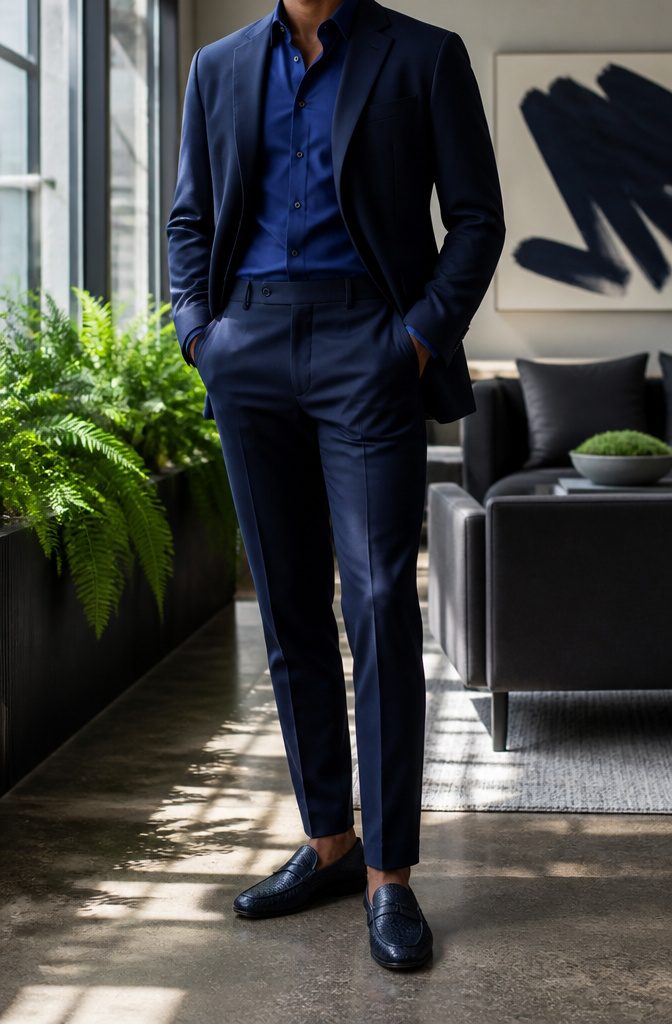 Model showcasing a navy blazer layered over a royal blue shirt.