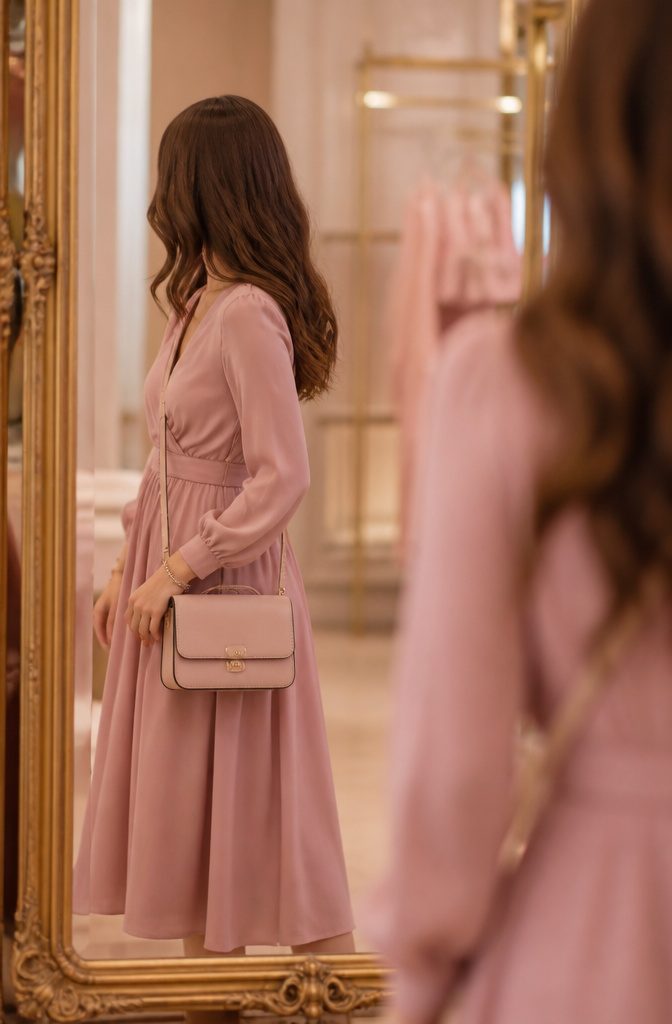 Model in a blush pink midi dress with matching rose-toned accessories.