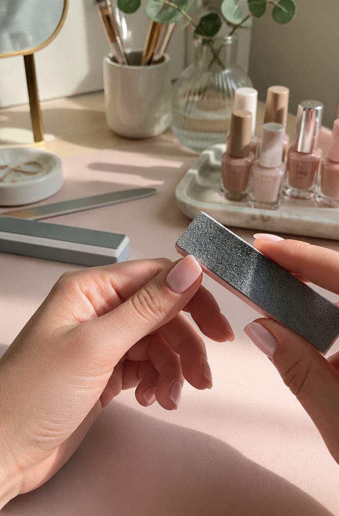 A hand using a coarse nail buffer on a curved nail.