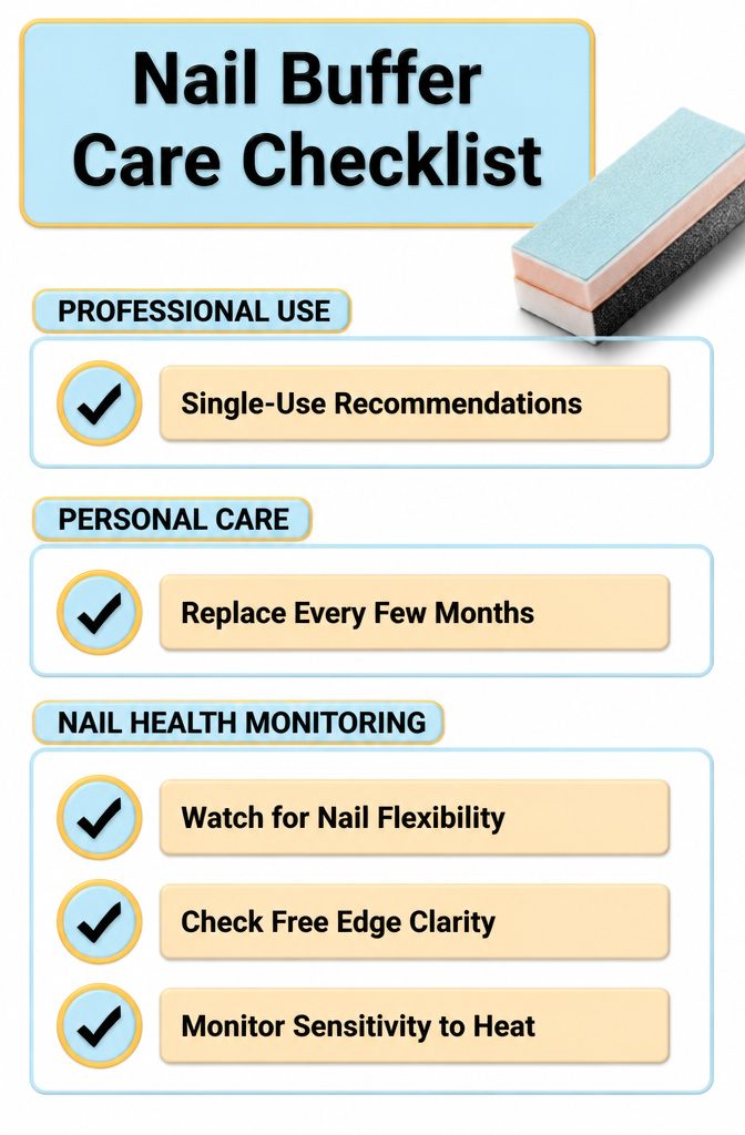 A checklist for nail buffer care and replacement.