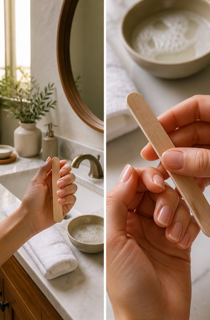 A close-up of clean, shaped nails ready for buffing.