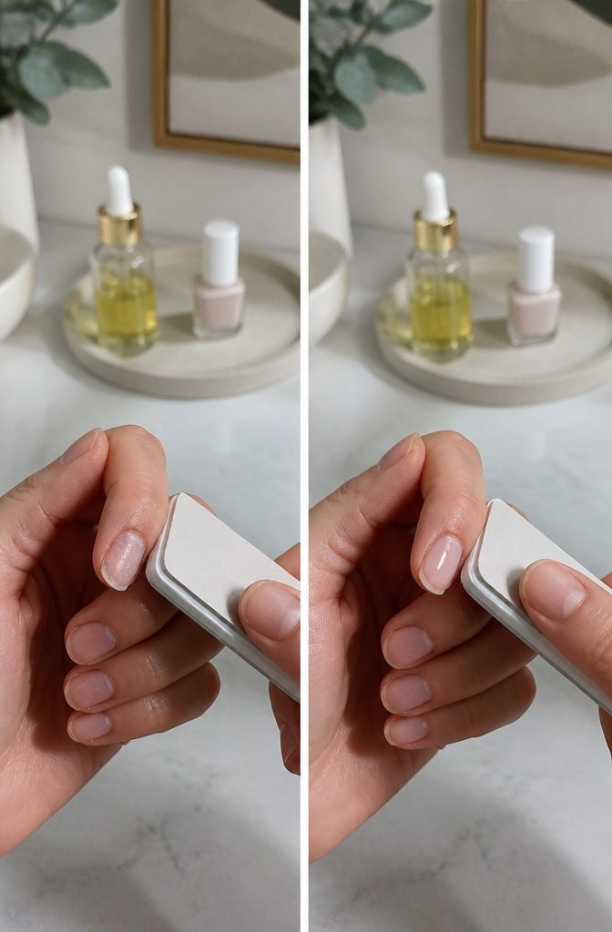 A hand buffing a nail with the fine side of a nail buffer.