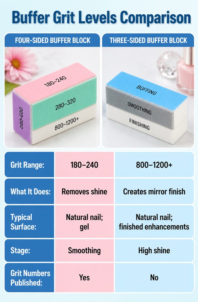 A comparison chart of buffer grit levels and their uses.