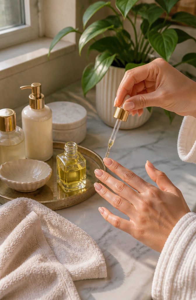 A hand applying cuticle oil to a buffed nail.