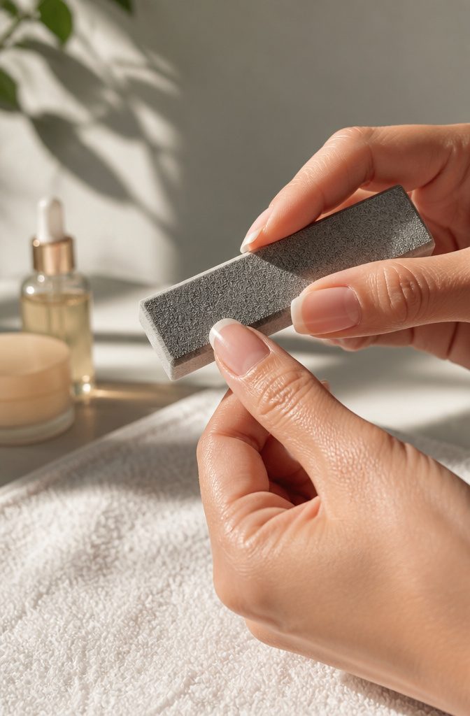 A hand gliding a medium-grit buffer across a smooth nail.