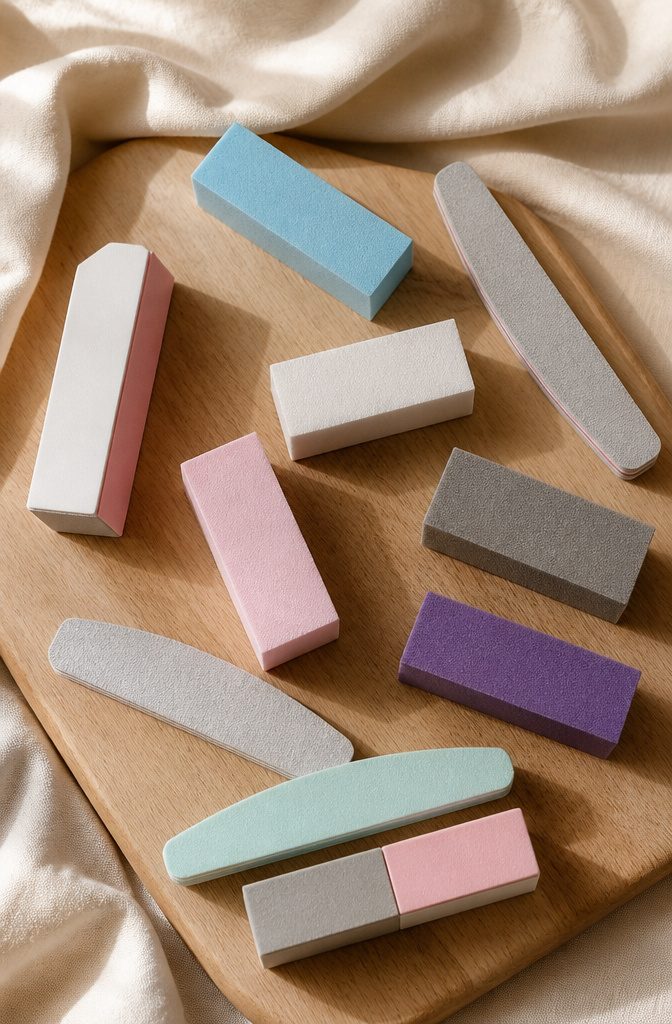 Various types of nail buffers displayed on a surface.