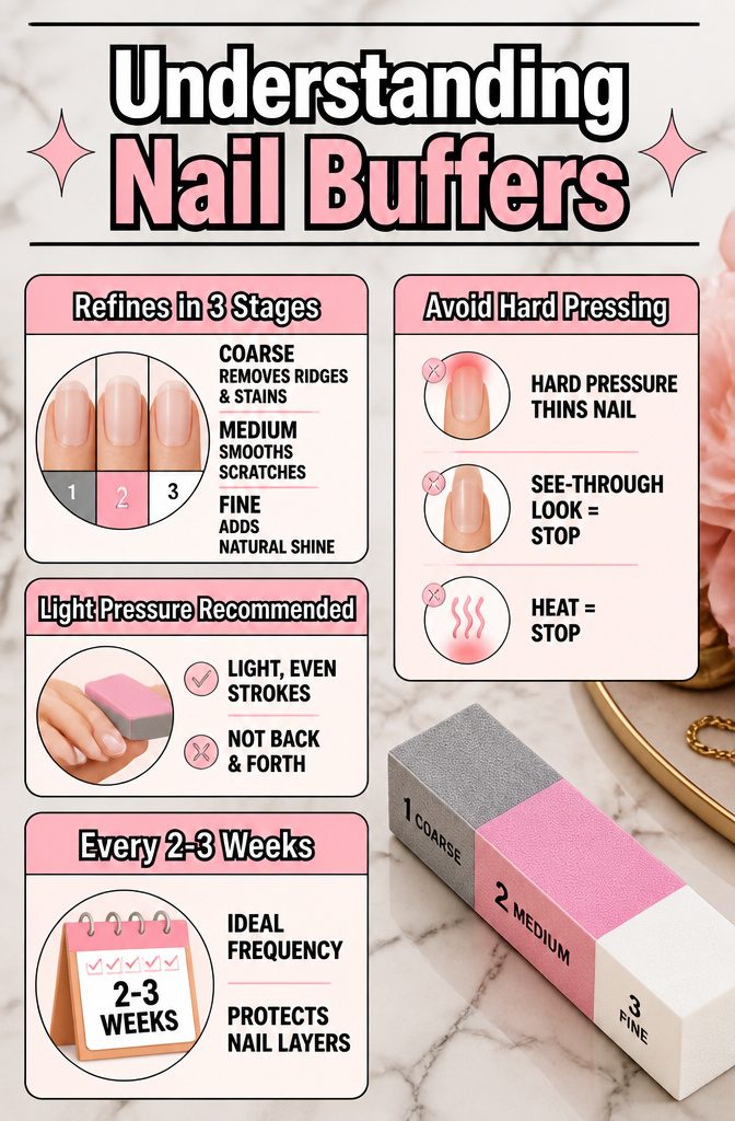An infographic explaining the stages of nail buffing.