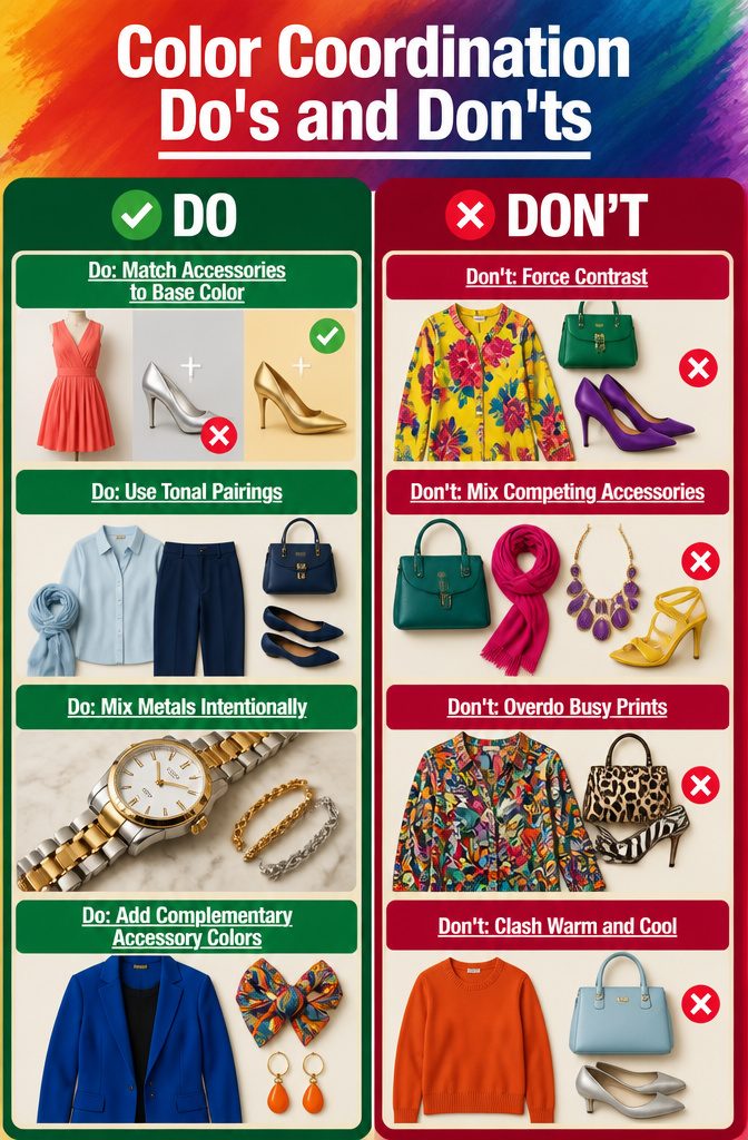 How to Use Accessories to Make a Colorful Outfit Feel Complete: 10 Steps 13 An information image titled 'Color Coordination Do's and Don'ts'.