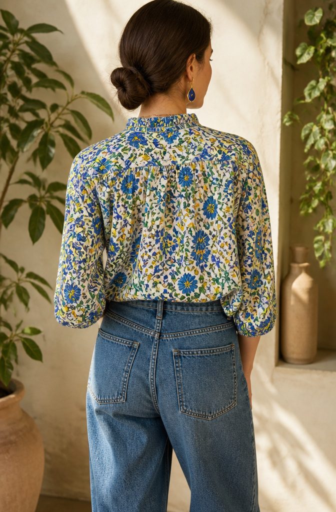 How to Use Accessories to Make a Colorful Outfit Feel Complete: 10 Steps 3 A floral blouse featuring intricate patterns of blue, green, and yellow.