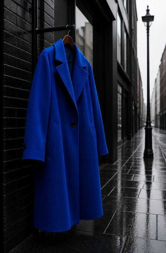 How to Use Accessories to Make a Colorful Outfit Feel Complete: 10 Steps 2 A cobalt coat displayed against a black backdrop.
