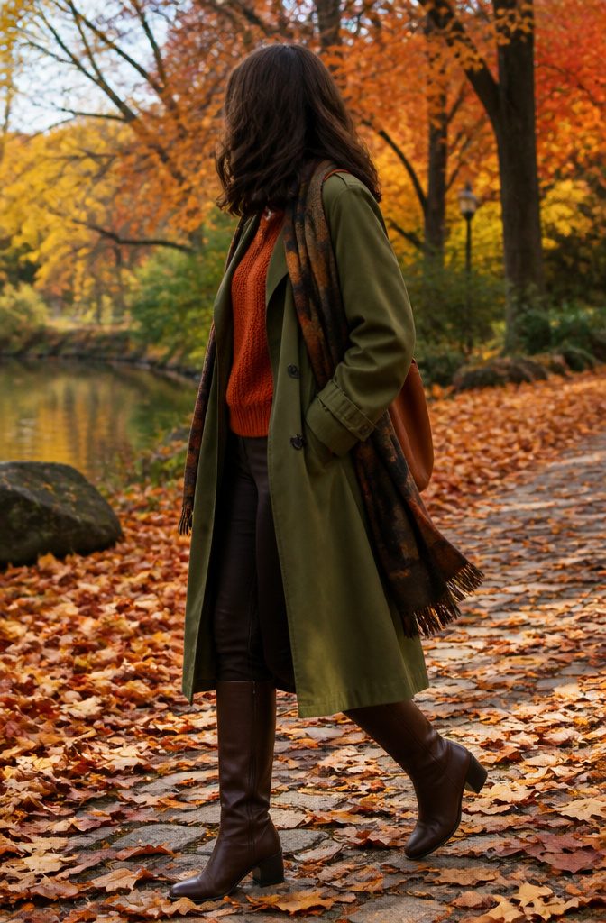 A model wears an olive trench coat with a burnt orange knit.