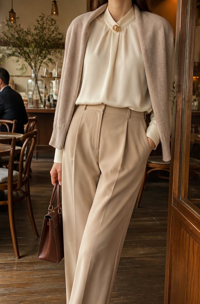 A cream silk blouse is tucked into tailored beige trousers.