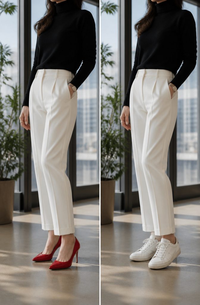 A model wears a black turtleneck and white trousers with a scarlet shoe.