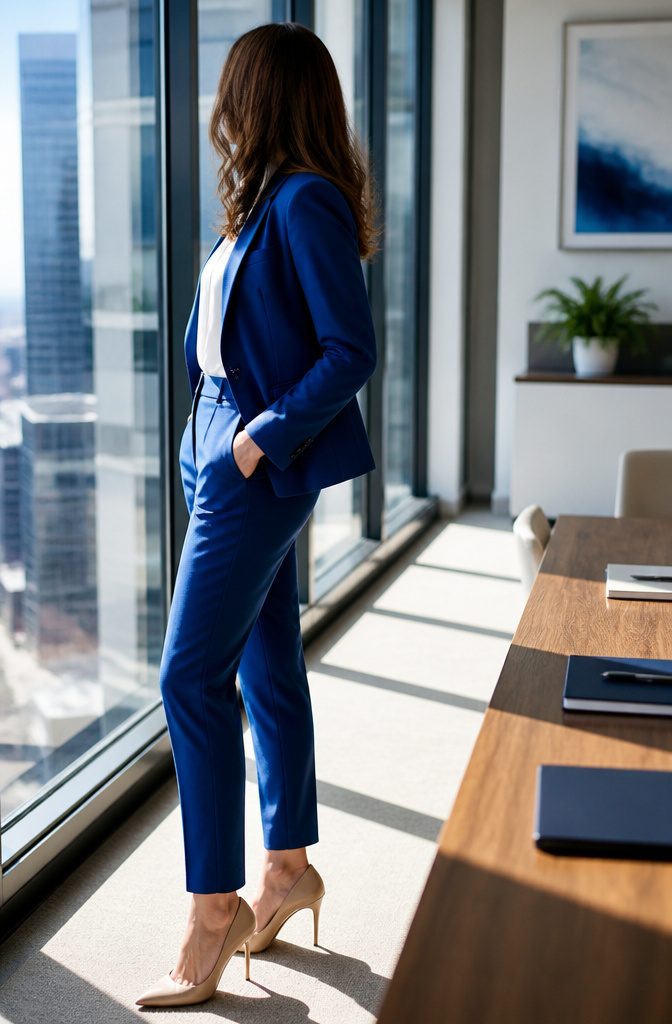 A model in a classic blue suit with a white blouse.