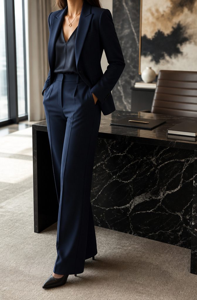 A model showcases a deep navy suit in a corporate setting.