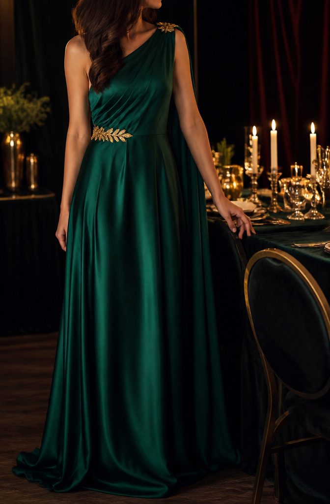 An emerald green dress with gold accents on the shoulder and waist.