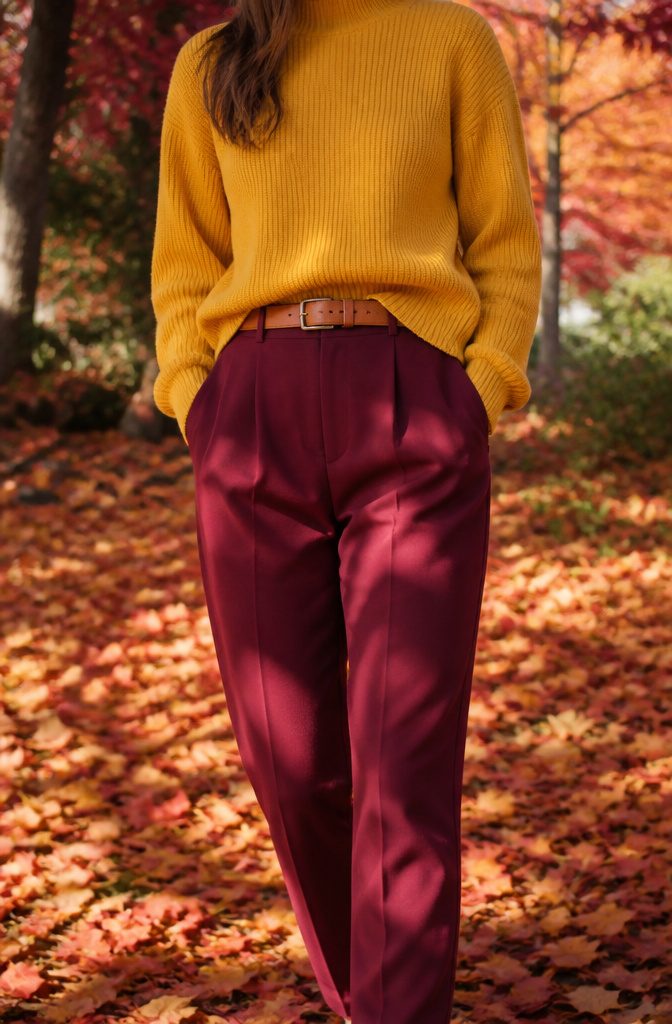 A mustard yellow sweater is paired with burgundy trousers.