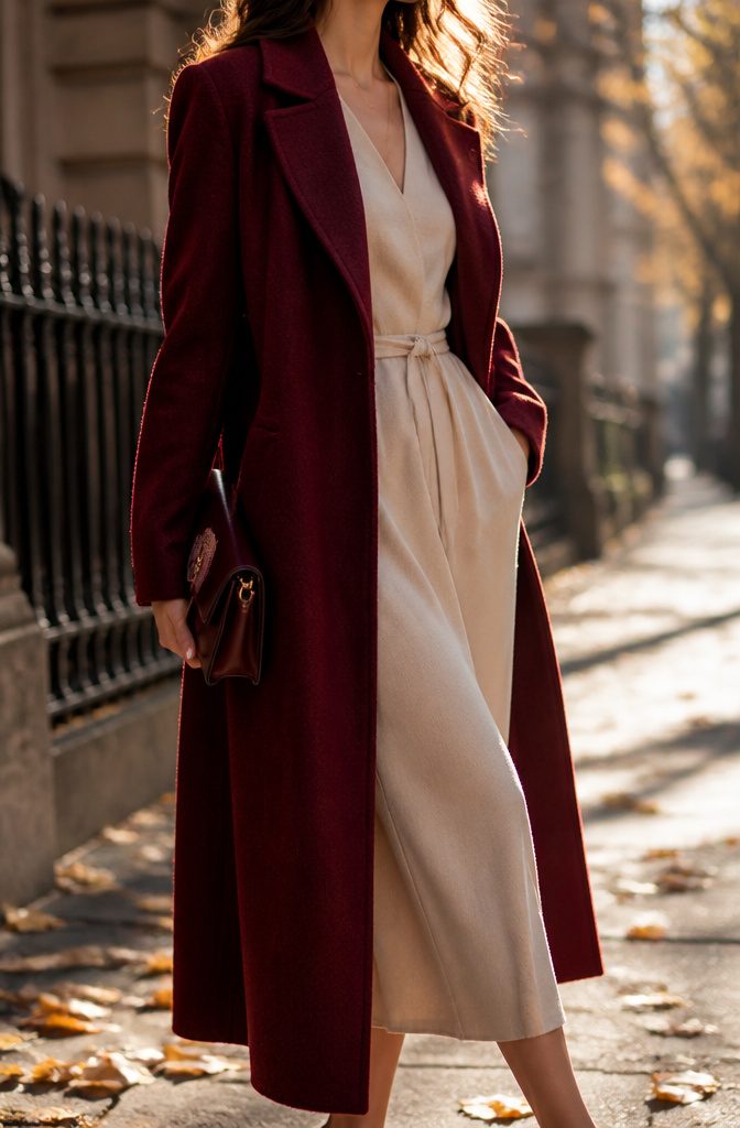 A burgundy coat is worn over a muted cream dress.