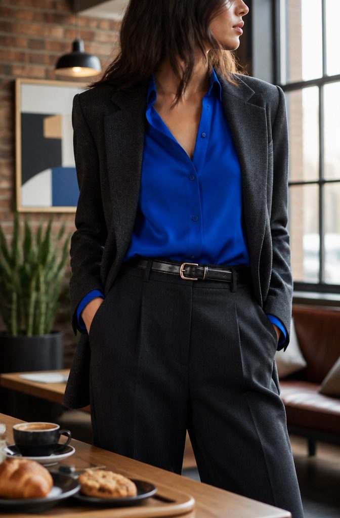 A model wears a vivid cobalt blouse under a charcoal blazer.
