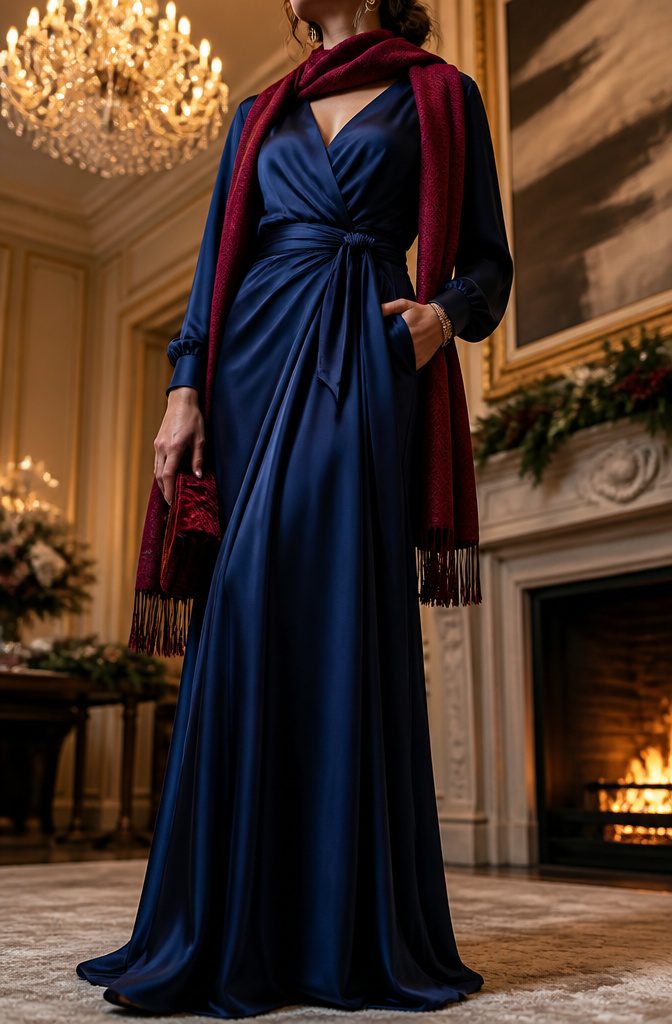 A model showcases deep jewel tones in winter attire.