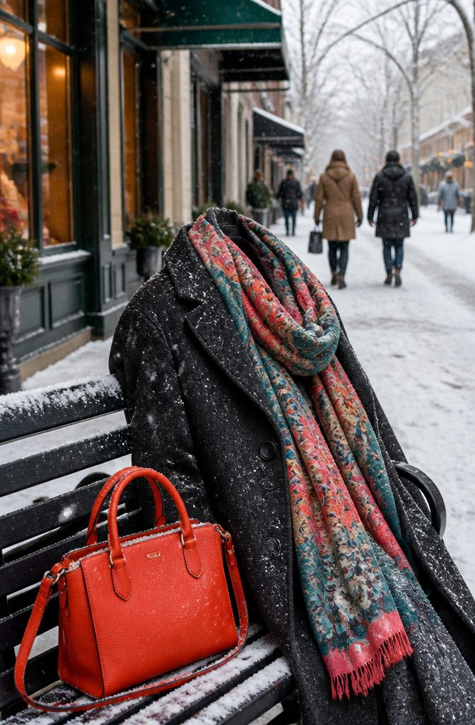 A vibrant scarf draped over a charcoal wool coat.