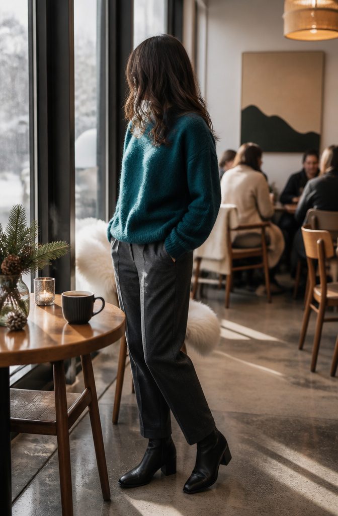 A deep teal merino sweater paired with charcoal trousers.