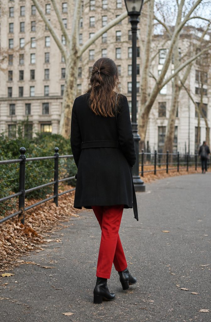 A person wearing red pants walking through a park.
