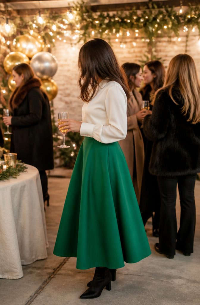 A woman wearing a kelly green skirt at a winter gathering.