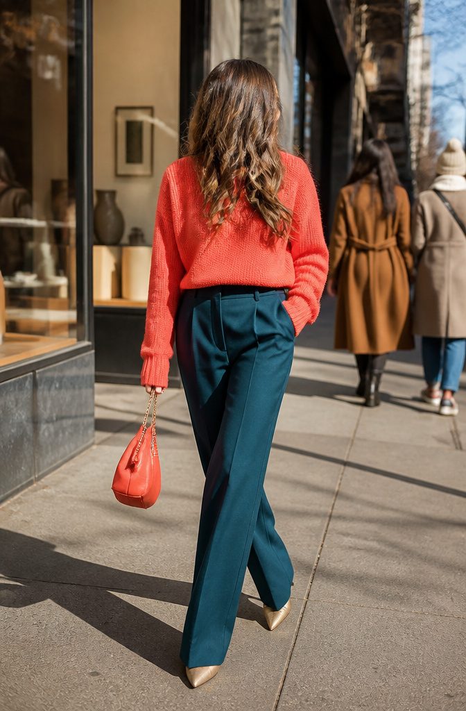 A bright coral sweater paired with deep teal trousers.