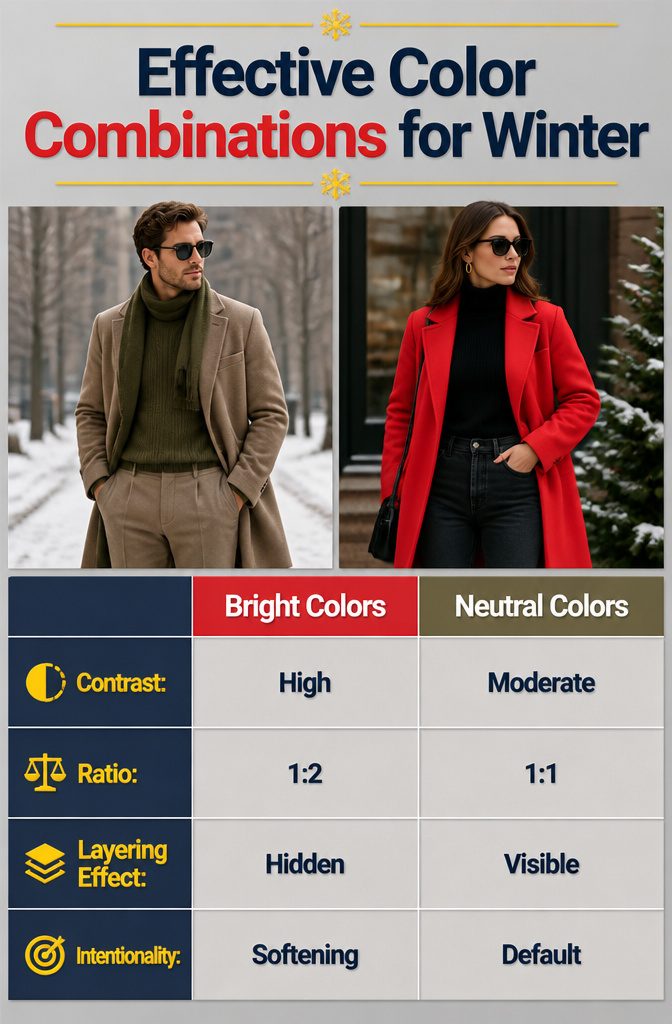 A red sweater with olive pants demonstrating color combination.