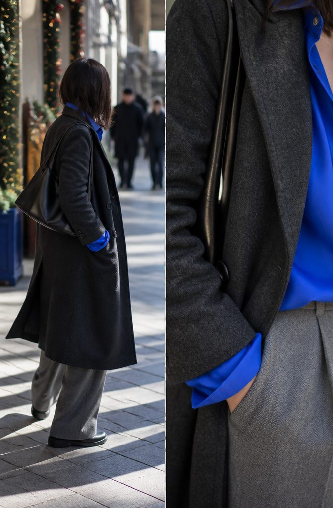 A cobalt blouse under a charcoal wool coat.